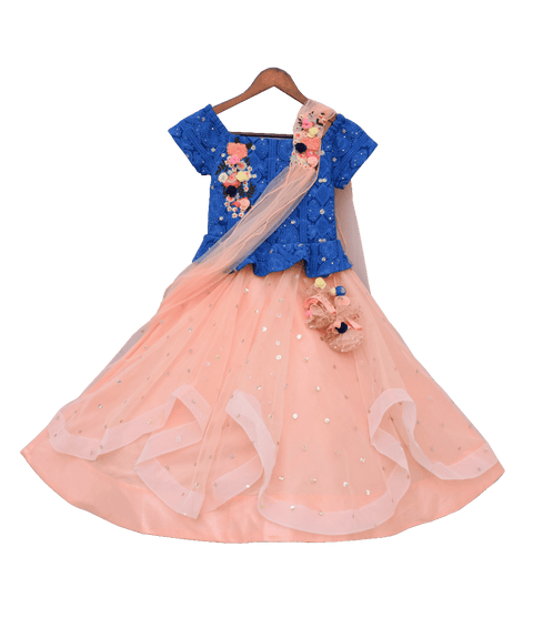 Pre-Order: Blue Embroidery Choli with Peach Net Lehenga & Stitched Dupatta