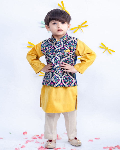 Pre-Order: Blue Embroidery Velvet Nehru Jacket with Kurta and Pant