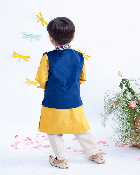 Pre-Order: Blue Embroidery Velvet Nehru Jacket with Kurta and Pant