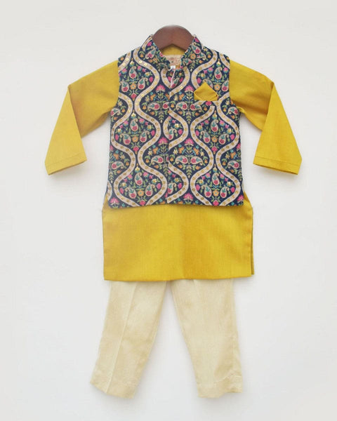 Pre-Order: Blue Embroidery Velvet Nehru Jacket with Kurta and Pant