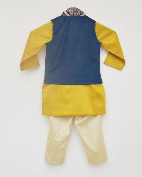 Pre-Order: Blue Embroidery Velvet Nehru Jacket with Kurta and Pant