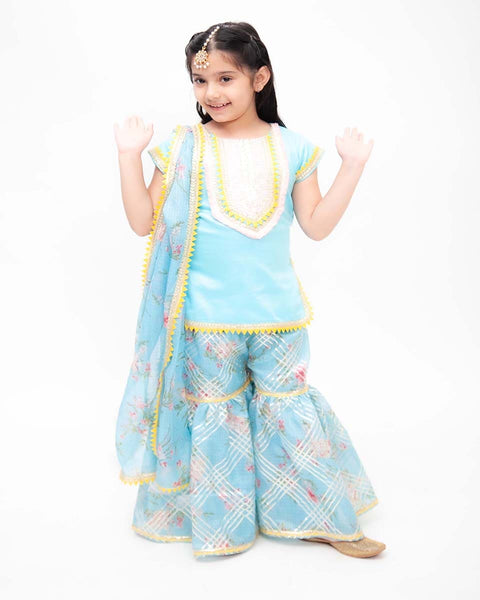 Pre-Order: Blue Kurti with Kotta Print Fabric Sharara and Dupatta