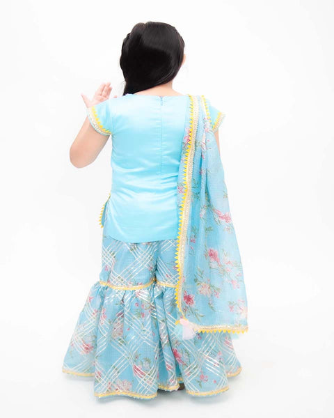 Pre-Order: Blue Kurti with Kotta Print Fabric Sharara and Dupatta