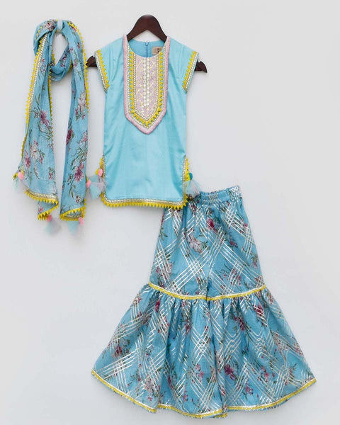 Pre-Order: Blue Kurti with Kotta Print Fabric Sharara and Dupatta