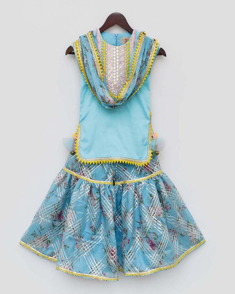 Pre-Order: Blue Kurti with Kotta Print Fabric Sharara and Dupatta