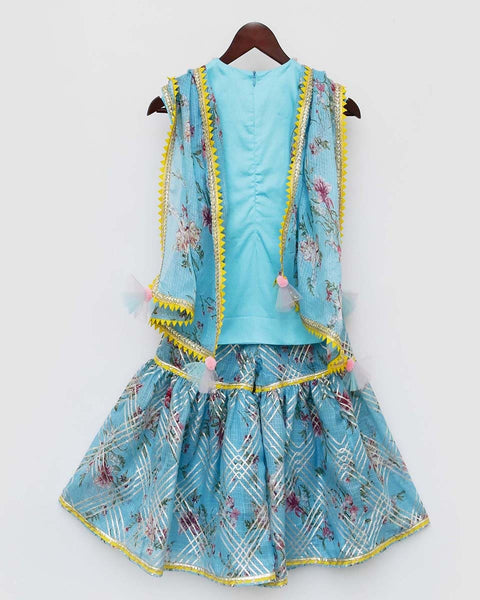 Pre-Order: Blue Kurti with Kotta Print Fabric Sharara and Dupatta