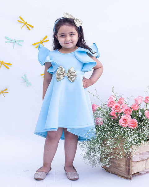 Pre-Order: Blue Neoprene Dress with Golden Bow