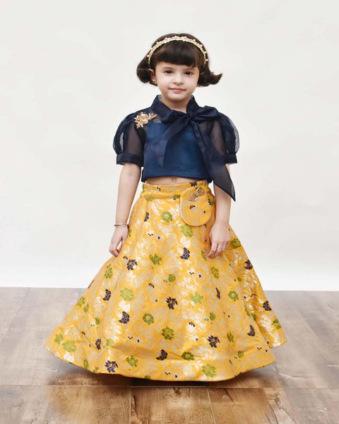 Pre-Order: Blue Organza Top with Yellow Brocade Lehenga