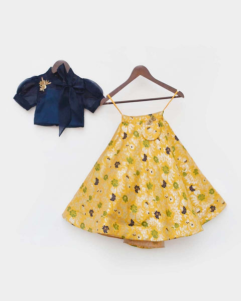 Pre-Order: Blue Organza Top with Yellow Brocade Lehenga