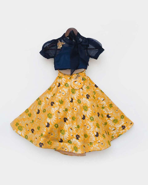 Pre-Order: Blue Organza Top with Yellow Brocade Lehenga