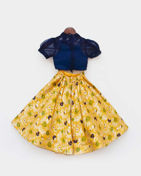 Pre-Order: Blue Organza Top with Yellow Brocade Lehenga