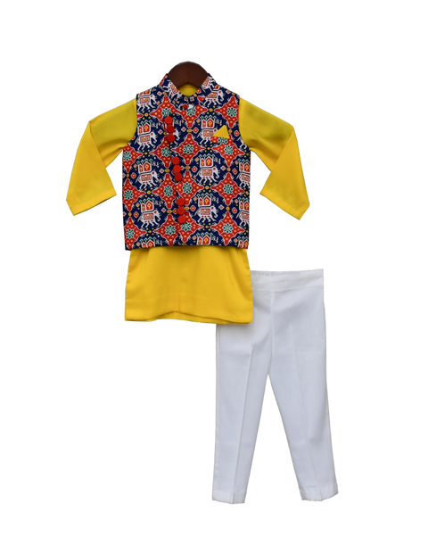 Pre-Order: Blue Patola Nehru Jacket with Kurta & Pant