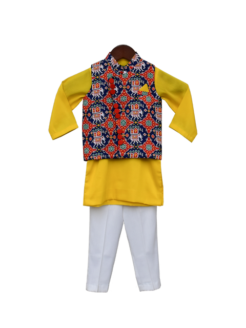 Pre-Order: Blue Patola Nehru Jacket with Kurta & Pant