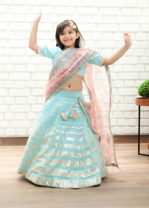 Pre-Order: Blue Sequins Strips Lehenga Choli Set