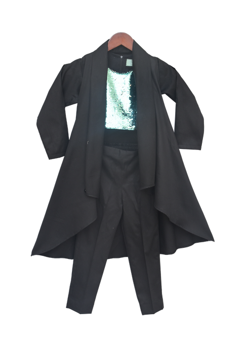 Pre-Order: Blue Soft Sequence Crop Top with Black Pant & Long Shrug