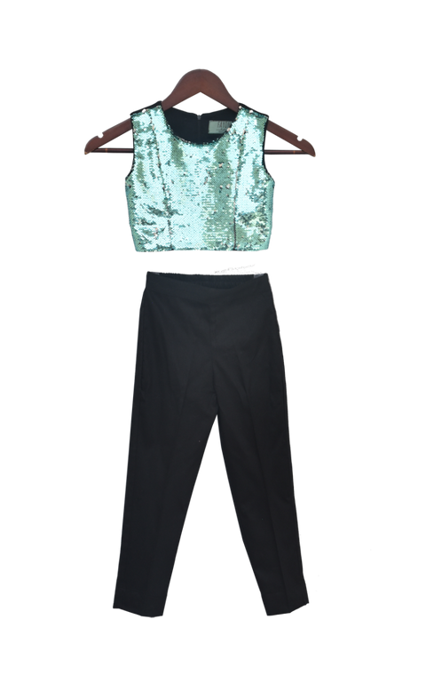 Pre-Order: Blue Soft Sequence Crop Top with Black Pant & Long Shrug