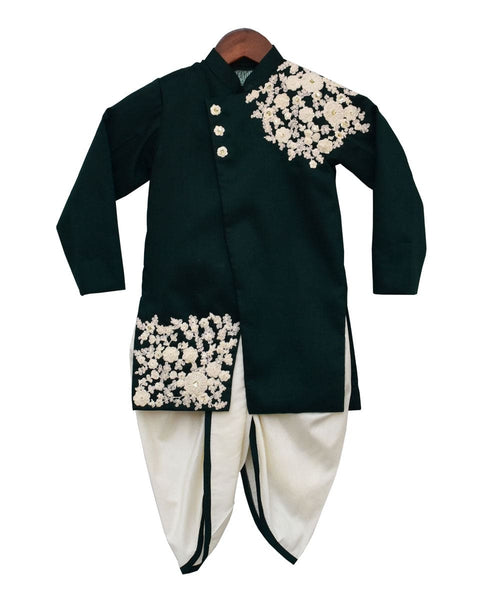 Pre-Order: Bottle Green Embroidery Ajkan with Dhoti