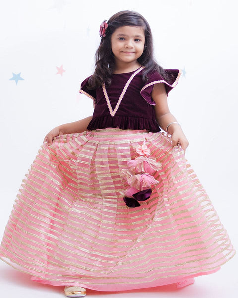 Pre-Order: Burgundy Velvet Top with Gota Lehenga