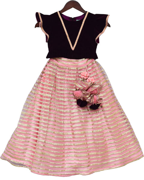 Pre-Order: Burgundy Velvet Top with Gota Lehenga
