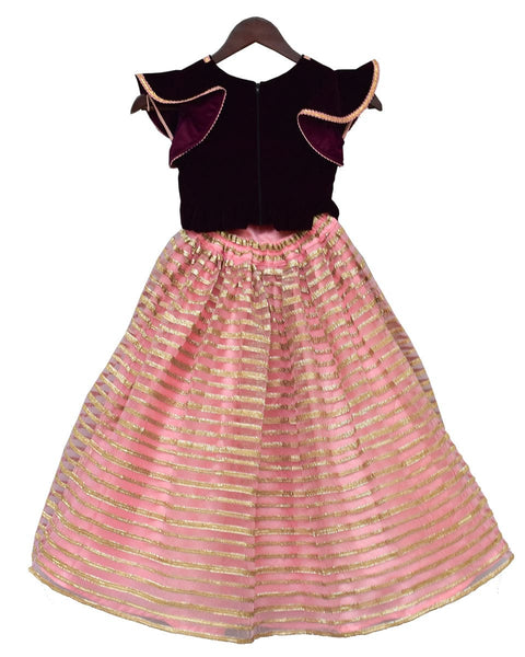 Pre-Order: Burgundy Velvet Top with Gota Lehenga