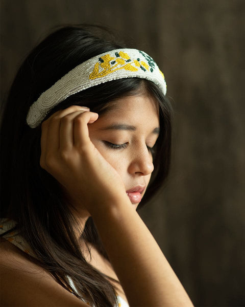 Embroidered White Black and Yellow Rose Headband
