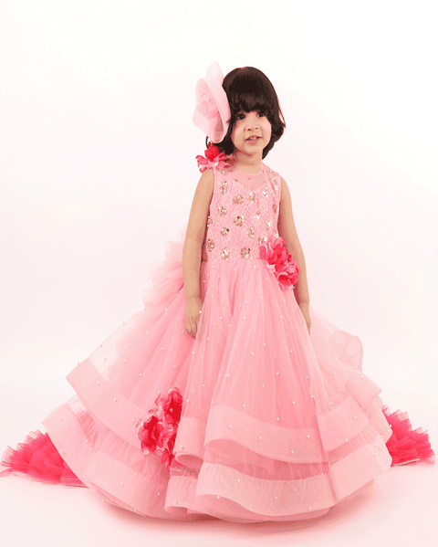 Pre-Order: Pink Flower Gown with Trail
