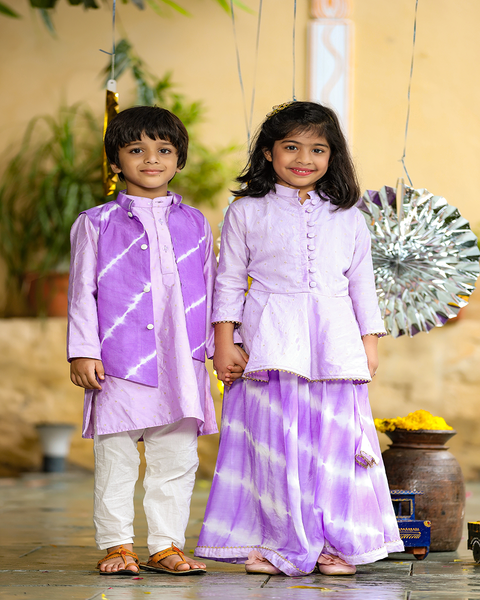 Pre-Order: Purple Kurta with White Churidar and Lehariya Jacket