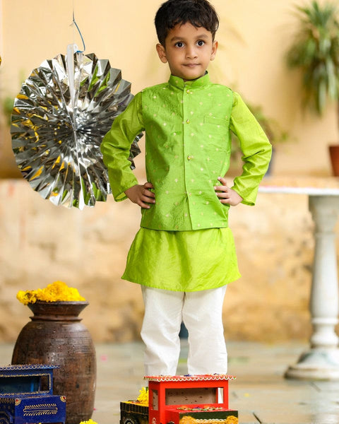 Pre-Order: Green Chanderi Kurta with weave Jacket and Churidar