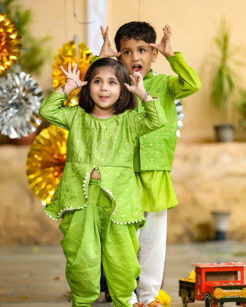 Pre-Order: Green Chanderi Kurta with weave Jacket and Churidar