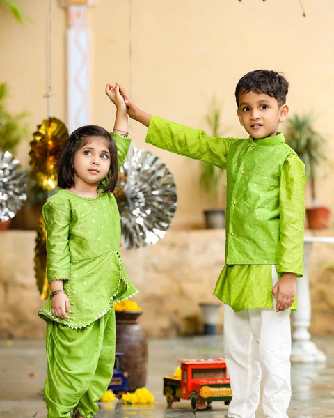 Pre-Order: Green Chanderi Kurta with weave Jacket and Churidar