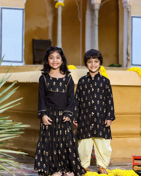 Pre-Order: Black Gold Print Top with Gold Print Skirt