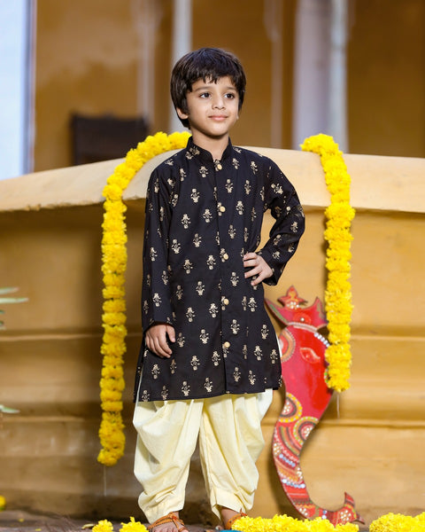 Pre-Order: Black print Kurta with Beige Balloon Pant