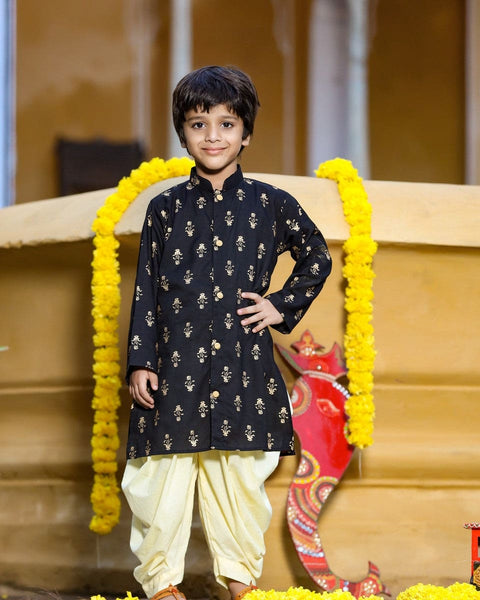 Pre-Order: Black print Kurta with Beige Balloon Pant