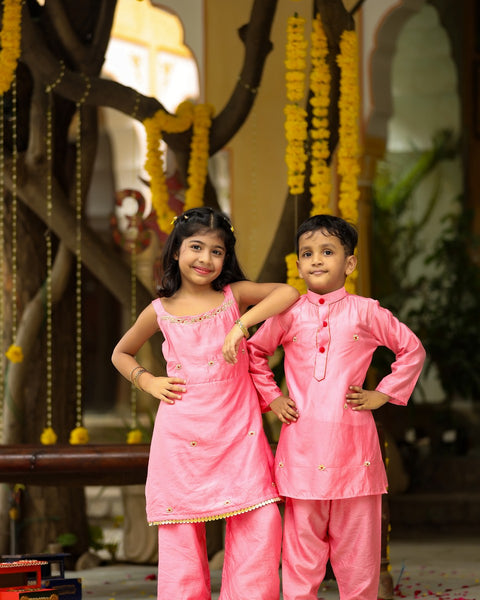 Pre-Order: Pink Handwok Kurta with Pink Salwar