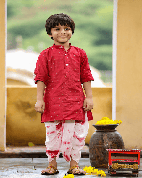 Pre-Order: Maroon Self Weave Kurta and Tie n Dye Dhoti