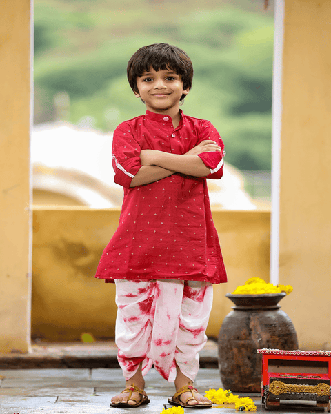 Pre-Order: Maroon Self Weave Kurta and Tie n Dye Dhoti