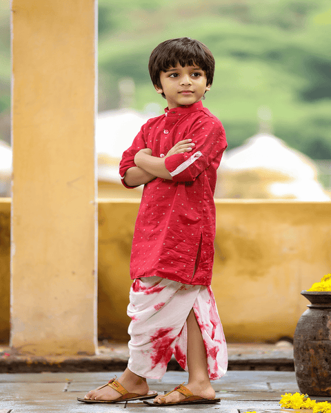 Pre-Order: Maroon Self Weave Kurta and Tie n Dye Dhoti
