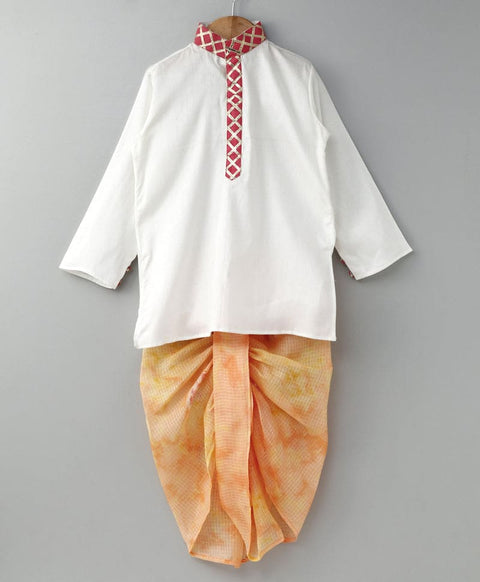 White Kurta with Doriya Shaded Peach Dhoti