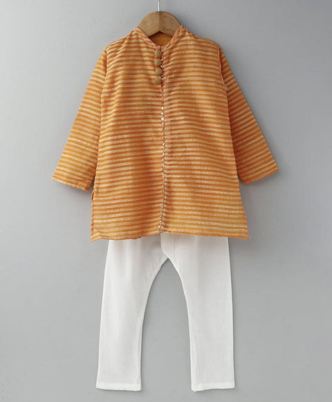 Orange Chanderi Front Button Kurta with Pants