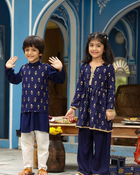 Pre-Order: Blue Gold Print Top with Blue Palazzo