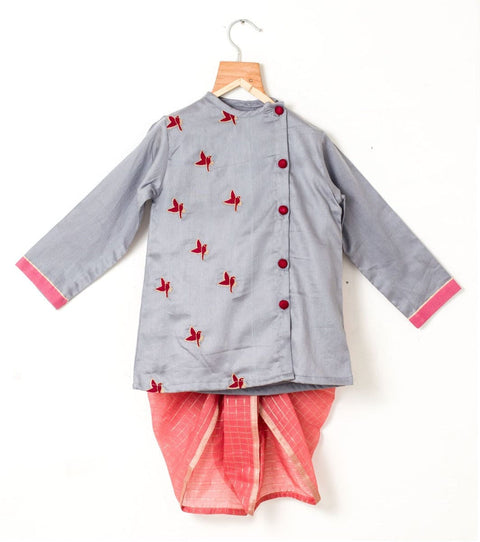 Grey Kurta with Onion Pink Checks Dhoti