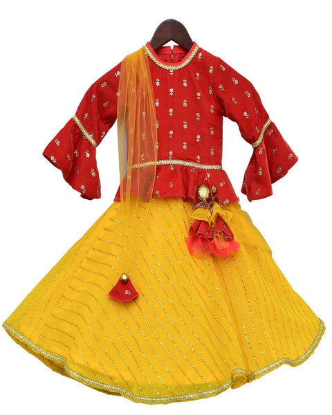 Pre-Order: Coral Velvet with Yellow Georgette One Piece