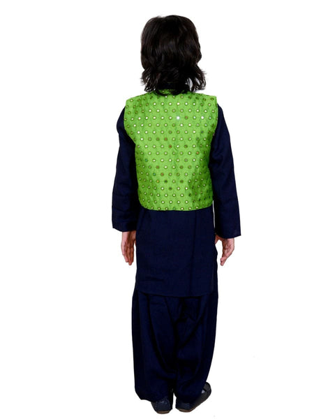 Blue Kurta Patiala with Green Mirror Jacket