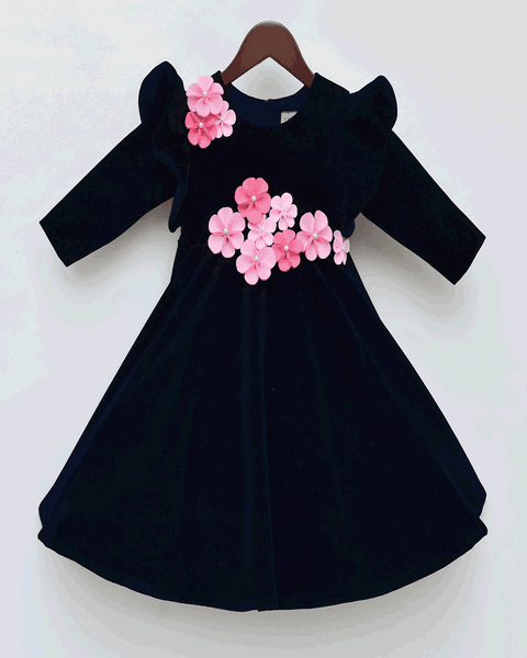Pre-Order: Dark Blue Velvet Dress with 3D Flowers