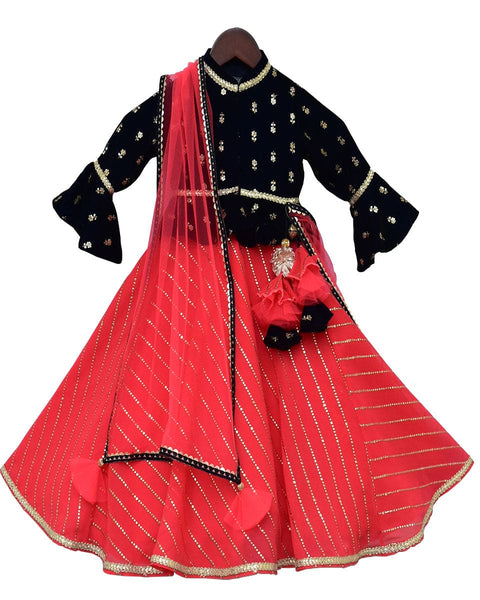 Pre-Order: Dark Blue Velvet Peplum Jacket with Coral Anarkali