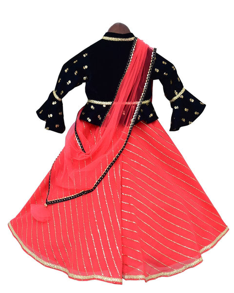 Pre-Order: Dark Blue Velvet Peplum Jacket with Coral Anarkali