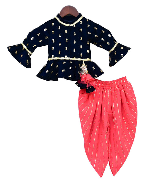 Pre-Order: Dark Blue Velvet Peplum Top with Coral Dhoti