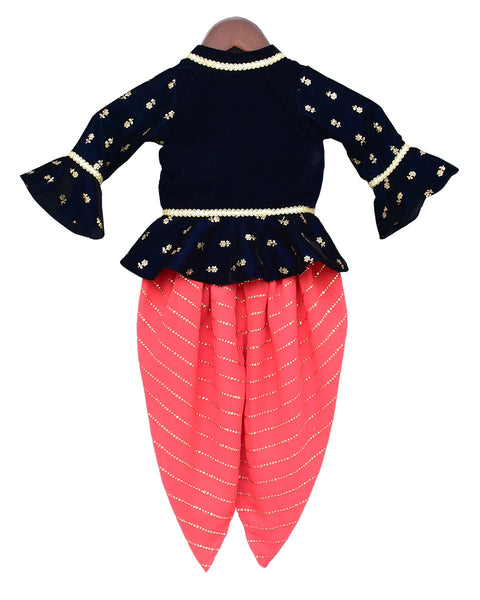 Pre-Order: Dark Blue Velvet Peplum Top with Coral Dhoti