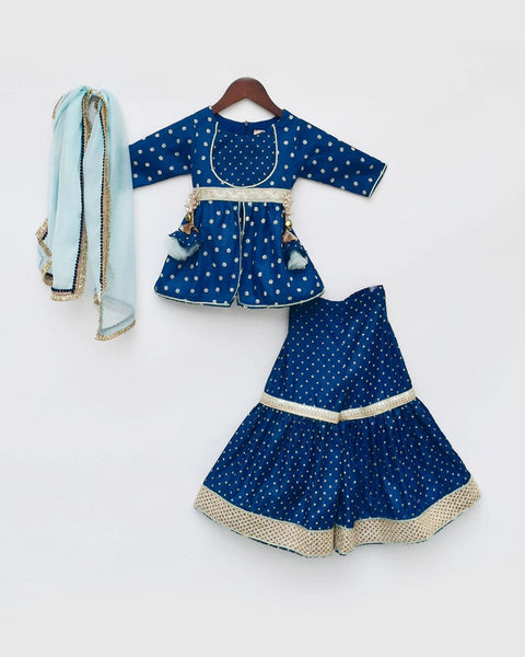 Pre-Order: Dark Blue Printed Kurti Sharara and Blue Dupatta