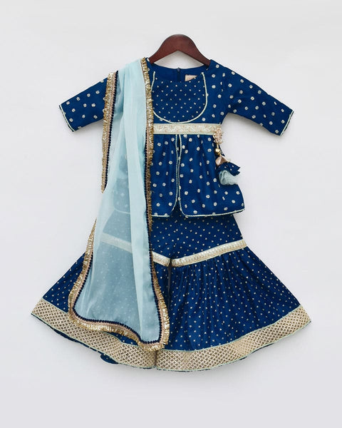 Pre-Order: Dark Blue Printed Kurti Sharara and Blue Dupatta